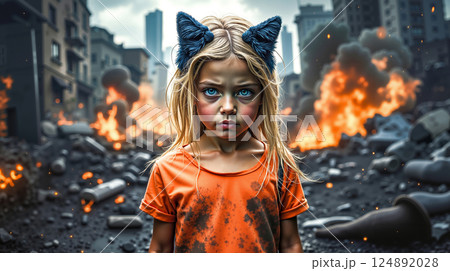 A little girl standing in front of a burning city A little girl standing in front of a burning city 124892028