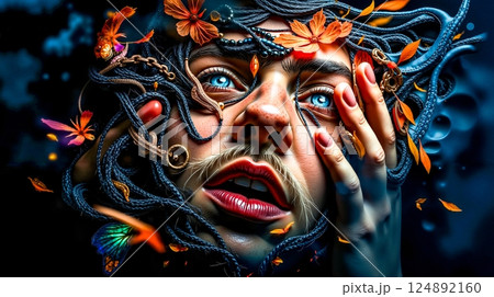 A woman with a face covered in leaves and butterflies 124892160