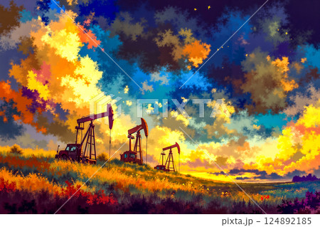 Oil pump jacks in the field at sunset 124892185
