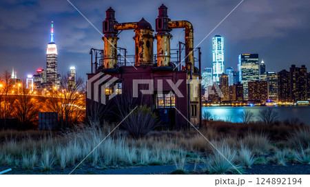 A view of a city skyline at night from a field 124892194