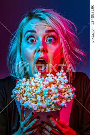 A woman holding a bucket of popcorn in front of her face A woman holding a bucket of popcorn in front of her face 124892196