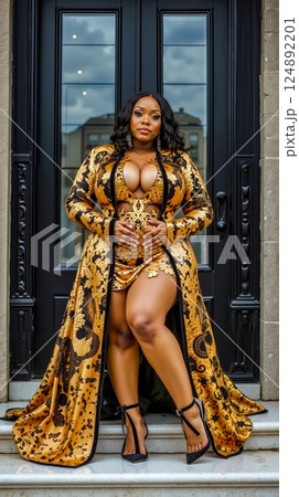 A woman in a gold and black dress posing on the steps of a building 124892201