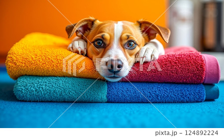 A dog laying on top of a pile of colorful towels 124892224