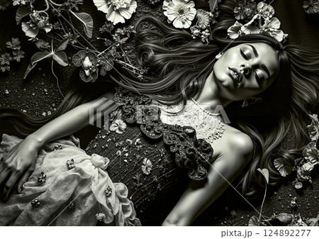 A woman laying on the ground surrounded by flowers 124892277