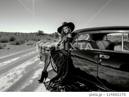 A woman in a long dress and hat sitting on the hood of a car 124892278