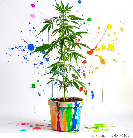 A potted plant with colorful paint splatters on a white background A potted plant with colorful paint splatters on a white background 124892307