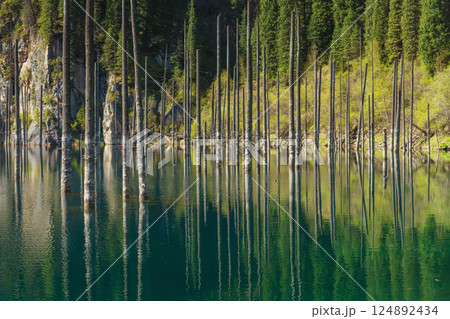 lake kaindy with cold icy water. mountain lake in kazakhstan 124892434