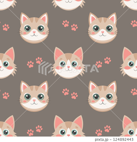 Seamless pattern of cute cat faces and paw prints. Kittens seamless pattern. Cute background for kids. Seamless pattern of cute cat faces and paw prints. Kittens seamless pattern. Cute background for kids. 124892443