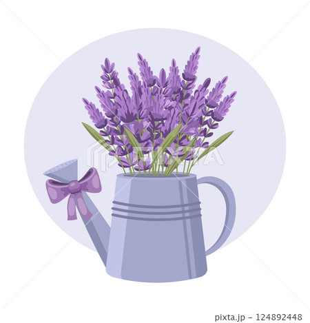 Bouquet of beautiful lavender flowers in a watering can. Lavender flowers. Illustration for a wedding invitation, postcard, logo. 124892448