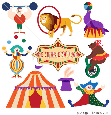 Circus chapito set. Vector characters of strongman, clown, juggler and magician. Cute elephant, lion, horse, zebra, seal and bear on circus stage 124892796