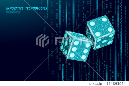 Abstract dice technology background. Geometric dice polygons digital numbers raining. Suitable gambling blockchain crypto investments. Dark backdrop low angle, modern digital style. 124893054