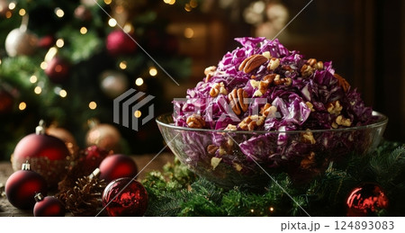Vibrant red cabbage leaves and pecans create a colorful base for dishes Vibrant red cabbage leaves and pecans create a colorful base for dishes 124893083