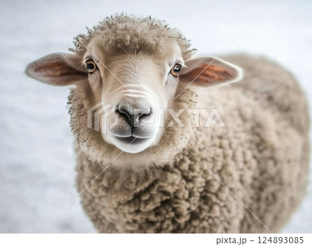 Portrait of a fluffy sheep with a gentle expression in a soft, snowy background 124893085