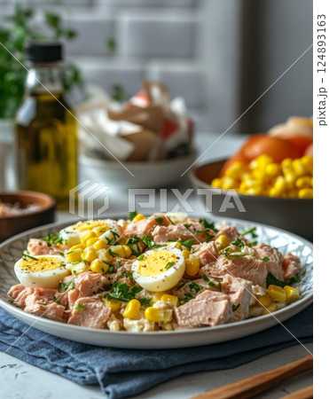 Colorful salad with tuna, corn, and boiled eggs served on a rustic table 124893163