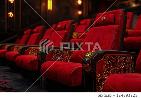 Luxurious red theater seating in an upscale cinema with vintage decor 124893225