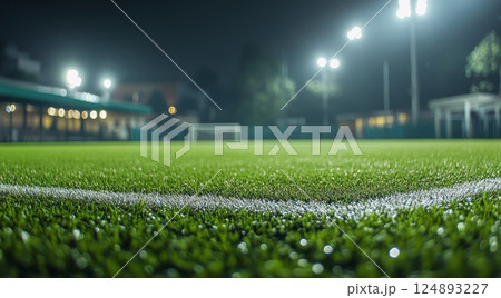 Modern stadium illuminated at night with bright green grass field and clear sky above 124893227
