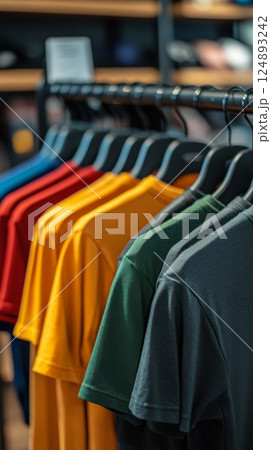 Stylish flannel shirts displayed on hangers in a boutique setting 124893242