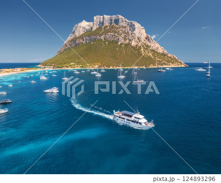 Aerial view of luxury yachts and floating speed boats on blue sea 124893296
