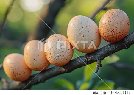 Beautiful eggs resting on a tree branch in soft natural light during springtime 124893311