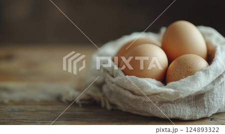 Decorative bowl of eggs surrounded by flowers on a rustic wooden table 124893322