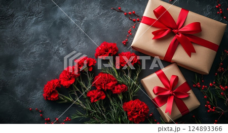 Gift with red ribbon and pink carnations on dark textured background 124893366