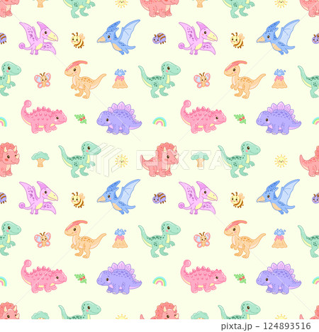 Seamless pattern of colorful cartoon dinosaurs, insects, volcanoes,and rainbows on a soft background 124893516