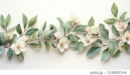 Decorative branches with green and pink leaves arranged against a white background 124893544