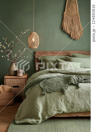 Stylish green bedroom with natural textures and warm lighting in a modern home setting 124893616
