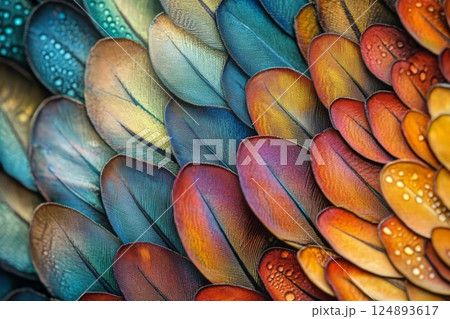 Vibrant close-up of colorful peacock feathers showcasing intricate patterns and textures 124893617