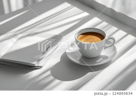 Warm cup of coffee beside an empty notebook on a sunlit table in the morning Warm cup of coffee beside an empty notebook on a sunlit table in the morning 124893634