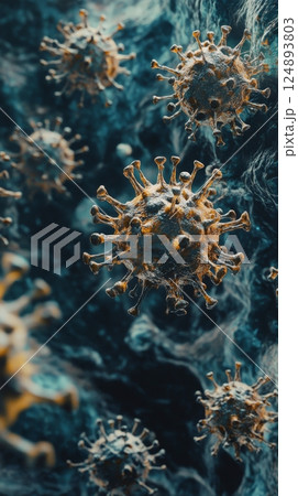 Microscopic view of colorful virus structures in a detailed scientific illustration at a cellular level 124893803