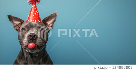 Happy dog celebrates birthday with party hat and colorful decorations 124893805