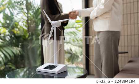 Partnership and Innovation. Focused on sustainability during a handshake between two businesswomen. Partnership and Innovation. Focused on sustainability during a handshake between two businesswomen. 124894194