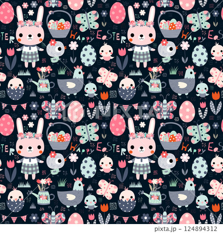 Cute seamless vector pattern for Easter holiday designs and packaging with bunny, chicken and eggs Cute seamless vector pattern for Easter holiday designs and packaging with bunny, chicken and eggs 124894312