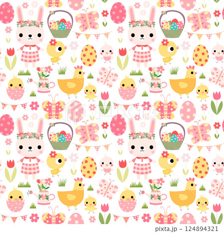Cute Easter vector pattern with bunnies, chickens, flowers and butterfly on white background for holiday backgrounds Cute Easter vector pattern with bunnies, chickens, flowers and butterfly on white background for holiday backgrounds 124894321