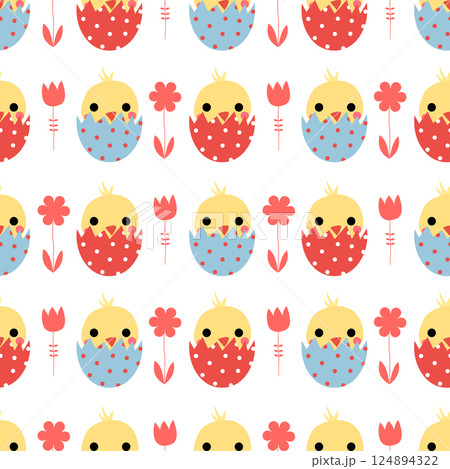 Vector Easter seamless pattern with cute chickens in eggs in blue, red and yellow on white background Vector Easter seamless pattern with cute chickens in eggs in blue, red and yellow on white background 124894322