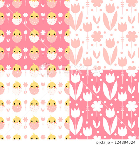 Cute Easter seamless pattern set with chickens and flowers on pink and white background 124894324