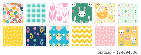 Cute vector set with seamless vector patterns with Easter designs with bunnies, chickens, hens, flowers and butterflies Cute vector set with seamless vector patterns with Easter designs with bunnies, chickens, hens, flowers and butterflies 124894330