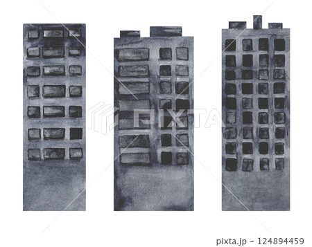 Set of silhouette buildings, skyscrapers. Watercolor dark grey monochrome illustration isolated on white. Architecture for cityscape, urban landscape for the background designs. Grunge style Set of silhouette buildings, skyscrapers. Watercolor dark grey monochrome illustration isolated on white. Architecture for cityscape, urban landscape for the background designs. Grunge style 124894459