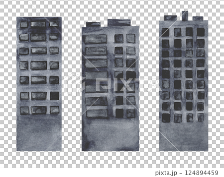 Set of silhouette buildings, skyscrapers. Watercolor dark grey monochrome illustration isolated on white. Architecture for cityscape, urban landscape for the background designs. Grunge style Set of silhouette buildings, skyscrapers. Watercolor dark grey monochrome illustration isolated on white. Architecture for cityscape, urban landscape for the background designs. Grunge style 124894459
