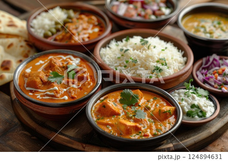 Colorful Assortment of Traditional Indian Dishes in Bowls on Wooden Table 124894631