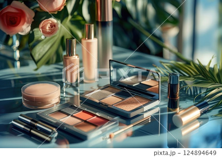 Luxurious Makeup Collection Display with Eye Shadow Palettes, Lipsticks, and Floral Background Luxurious Makeup Collection Display with Eye Shadow Palettes, Lipsticks, and Floral Background 124894649