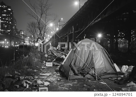 Urban Homelessness Tent City at Night Under Bridge with Litter and Debris 124894701