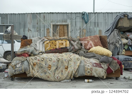 Abandoned Sofa in Urban Area with Old Blankets and Pillows against Rusty Metal Building 124894702