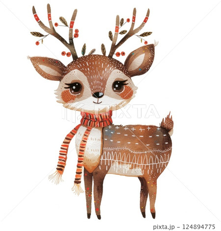 Adorable Watercolor Deer with Scarf in Winter Forest Illustration 124894775