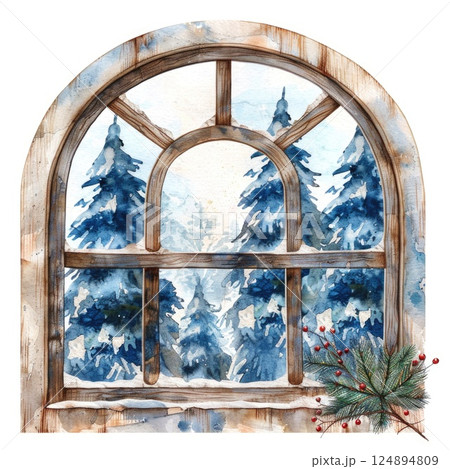 Rustic Holiday Window with Snow, Evergreen Branches, and Red Ornaments in Winter Scene 124894809