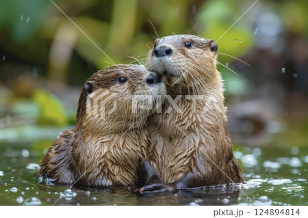Adorable Otters Cuddling in Water - Wildlife Highlighting Natural Behaviors 124894814