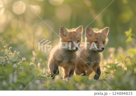 Adorable Twin Fox Cubs in Sunlit Meadow 124894815