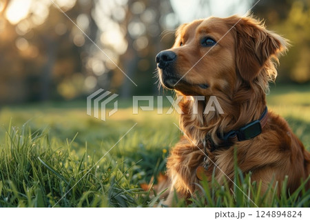 Golden Retriever Relaxing in Sunlit Meadow During Golden Hour 124894824