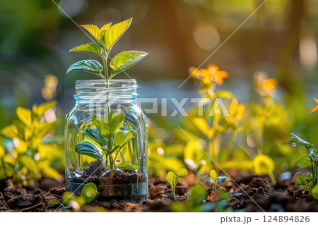 Small Green Plants Growing in Glass Bowl on Rocky Ground in Lush Greenery 124894826